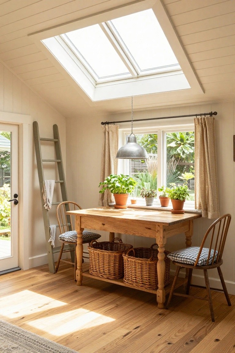 Sunroom interior with dual skylights in sloped white ceiling, wooden dining table and chairs with woven baskets underneath, potted plants on table and windowsills, ladder shelf with linens, glass door and window showing garden view, hardwood floor.