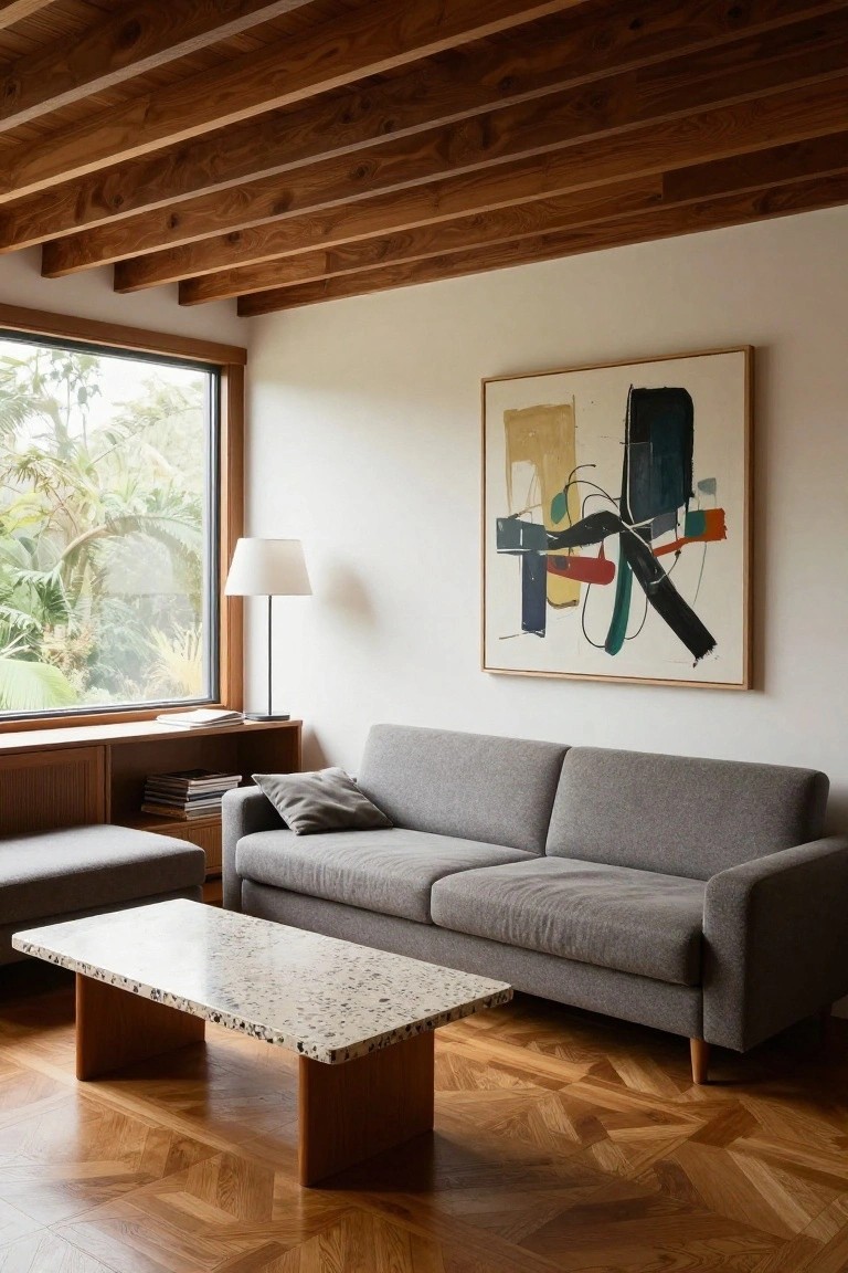 Interior room with exposed wooden ceiling beams, gray two-seater sofa, low coffee table with white terrazzo top and wood legs, abstract painting on white wall, floor lamp, wooden built-in shelves with books, large corner window showing tropical plants outside, and geometric wooden parquet floor.
