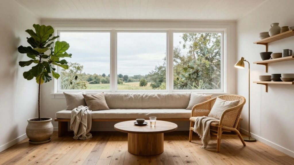 21 Bright Sunroom Skylight Ideas That Open Up The Space Bright interior corner room with overhead skylight, beige linen sofa with throw blanket, rattan armchair with blanket, round oak coffee table holding glasses and cup, tall potted fiddle leaf fig plant, wooden shelves displaying ceramics, brass arc floor lamp, on light oak wood floors.