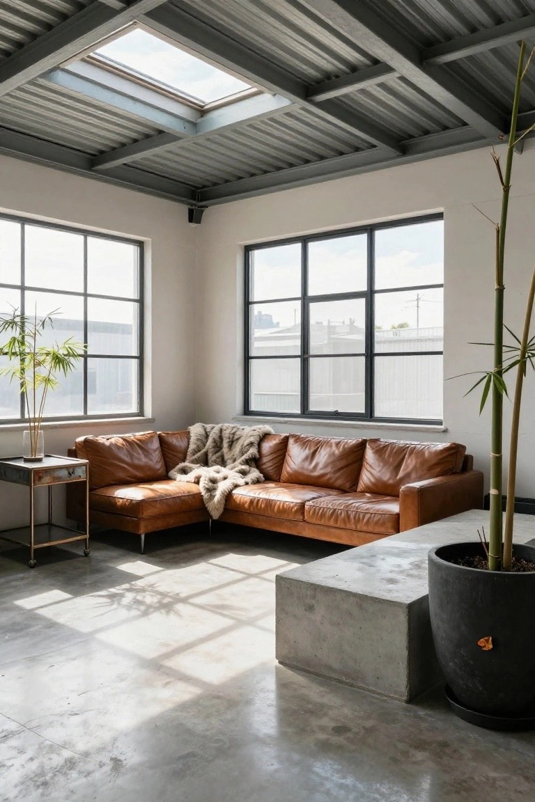 Sunlit interior room with corrugated metal ceiling and skylight, large black-framed windows, brown leather L-shaped sofa with fur throw, bamboo plants in pots, metal side table, and polished concrete floor.