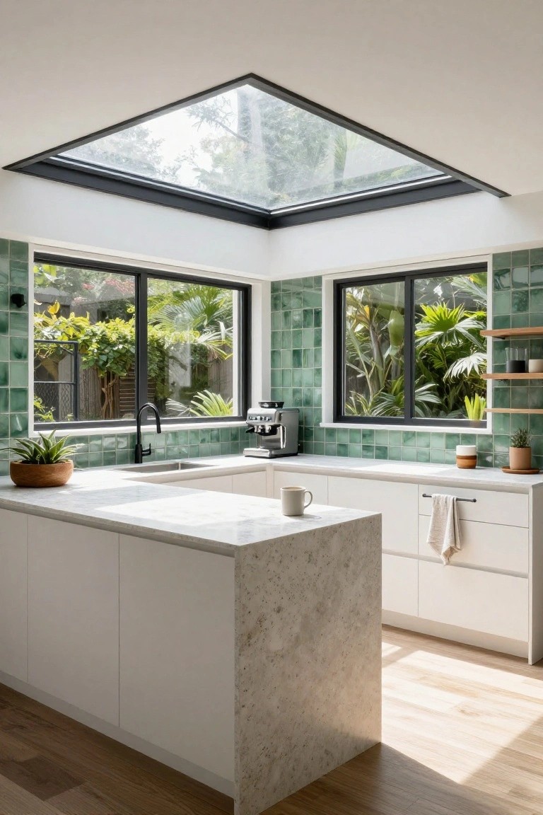 Modern white kitchen with green tile backsplash, marble island countertop, black-framed windows and triangular skylight, and views of outdoor plants and garden.