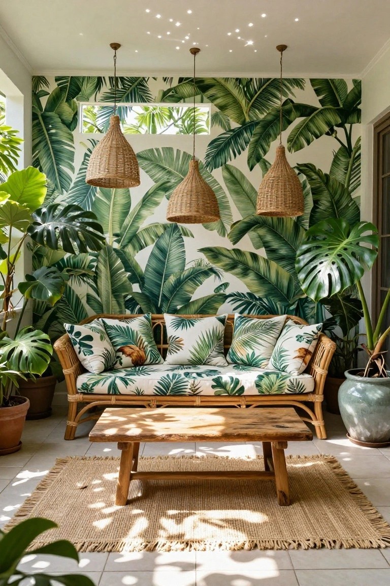 Sunroom with green banana leaf wallpaper on walls, rattan sofa with tropical cushions, woven pendant lights, potted monstera plants, wooden coffee table, and seagrass rug on tiled floor.