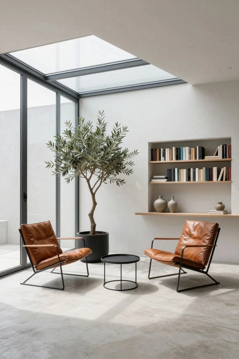 Modern sunroom interior with white walls, skylight ceiling, glass walls and doors, central potted olive tree in black container, two tan leather armchairs around black side table, built-in wooden shelves holding books and ceramic vases, polished concrete floor.
