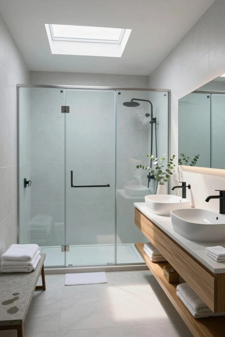 Modern white bathroom with ceiling skylight above frameless glass shower, double white vessel sinks on floating wooden vanity with shelves, black fixtures, wooden bench with stacked towels, and tiled floor.