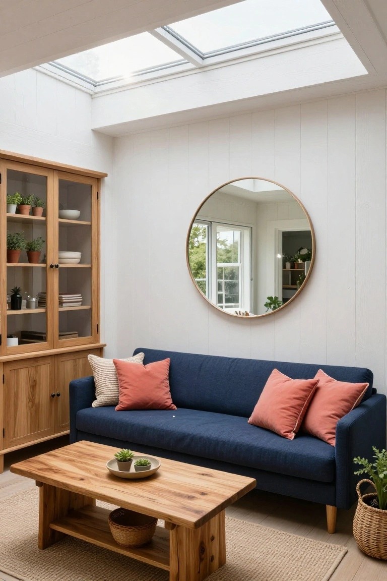 Sunroom with white paneled walls, skylight ceiling, oak bookshelf with plants, navy sofa with peach pillows, wooden coffee table, basket of greenery, and large round gold mirror on wall.