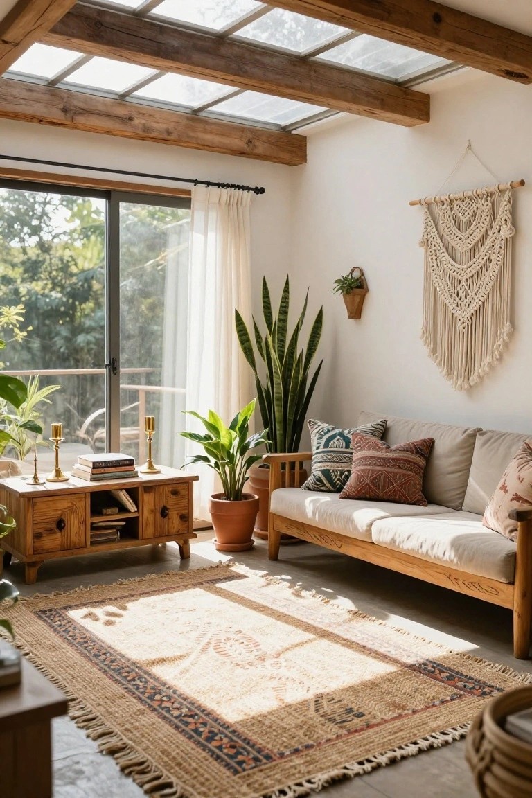 Sunroom with exposed wooden beam ceiling and skylight, sliding glass doors with sheer curtains overlooking trees, potted plants including snake plants and peace lilies, wooden console table with brass candlesticks and books, beige wooden sofa with patterned pillows, woven rug, and macrame wall hanging on white walls.