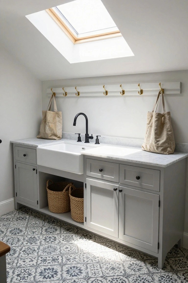 Attic bathroom or laundry space with gray cabinets, white farmhouse sink on marble countertop, black faucet, hanging canvas tote bags on brass hooks, wicker baskets under open shelf, patterned white and blue tile floor, and skylight in sloped white ceiling.