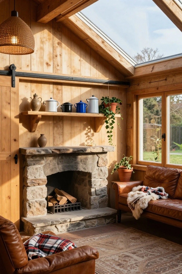 Wood-paneled sunroom with skylight overhead, stone fireplace, shelves holding enamelware pots and plants, leather armchairs with blankets, woven pendant lamp, and windows to garden view.