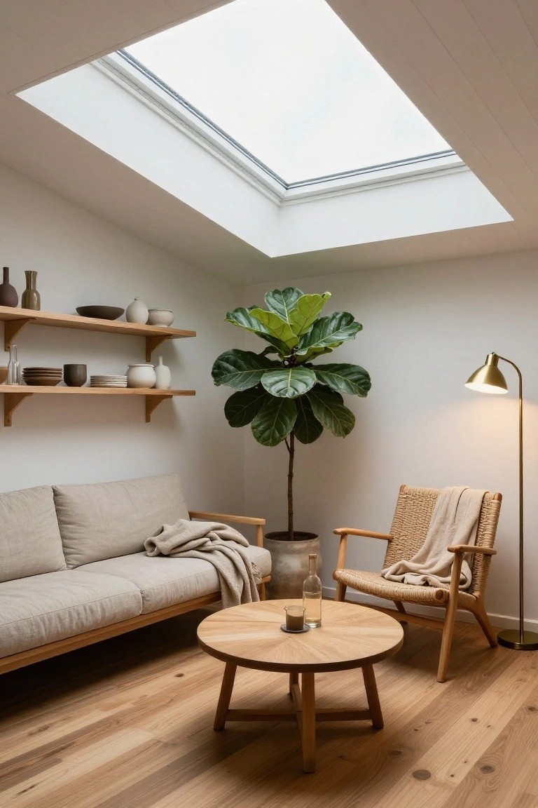 Bright interior corner room with overhead skylight, beige linen sofa with throw blanket, rattan armchair with blanket, round oak coffee table holding glasses and cup, tall potted fiddle leaf fig plant, wooden shelves displaying ceramics, brass arc floor lamp, on light oak wood floors.