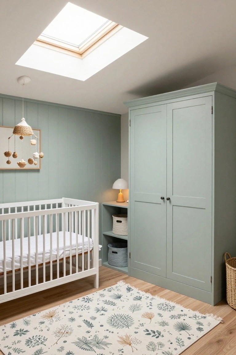 Nursery room with white crib next to tall sage green wardrobe, cream rug with leaf motif on light wood floor, rattan mobile on paneled wall, table lamp on shelf, and large skylight in ceiling.
