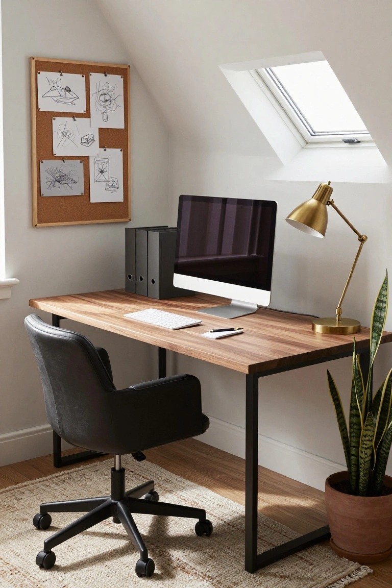 Cozy attic workspace with sloped white ceiling and skylight, wooden desk holding iMac and keyboard, black leather chair, gold desk lamp, black binders, corkboard with sketches, and potted snake plant on beige rug.