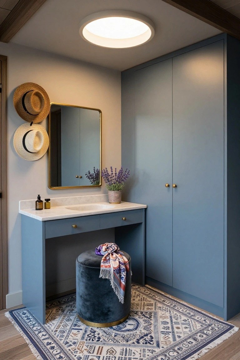 Compact interior corner with blue wood vanity table and sink, gold-framed mirror, hanging straw hats, lavender plant in pot, purple velvet stool with colorful scarf, blue wardrobe cabinets, patterned blue rug, wood beam ceiling with round recessed skylight, and light wood floor.