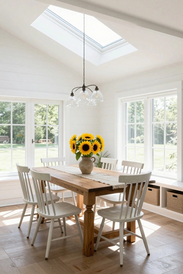 Sunroom dining area featuring a wooden table with white chairs, sunflowers in a terracotta pot centerpiece, large windows overlooking a yard, shiplap walls, hardwood floors, and a skylight overhead.