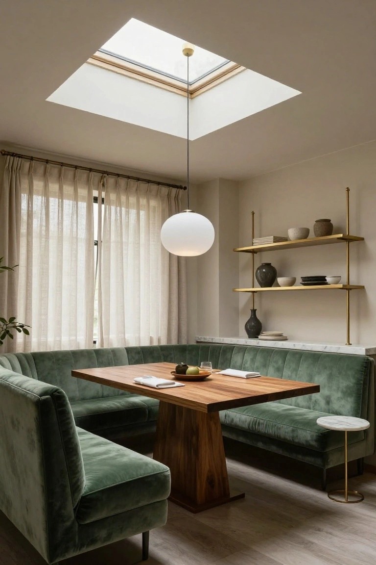 L-shaped green velvet booth around a wooden table in a beige dining nook with square skylight overhead, sheer curtains on windows, white globe pendant light, and brass shelves with ceramics on the wall.