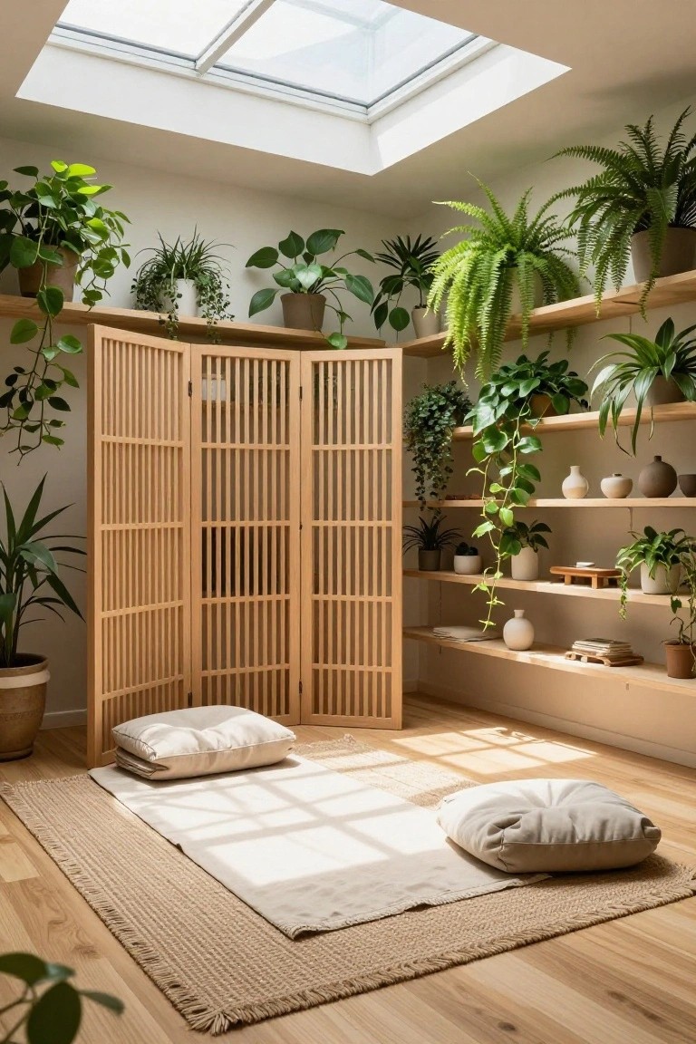 Indoor room with skylight overhead, folding wooden shoji screen, shelves of potted plants, white mat and cushions on wooden floor.
