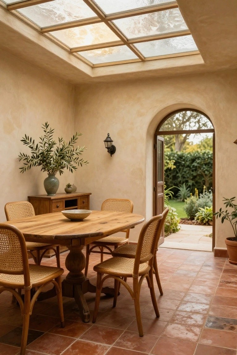 Beige stucco-walled sunroom with terracotta tile floor, rustic wooden oval dining table and four rattan chairs, olive branches in green ceramic vases on wooden sideboard, frosted glass skylight overhead, and arched wooden door open to garden with greenery.
