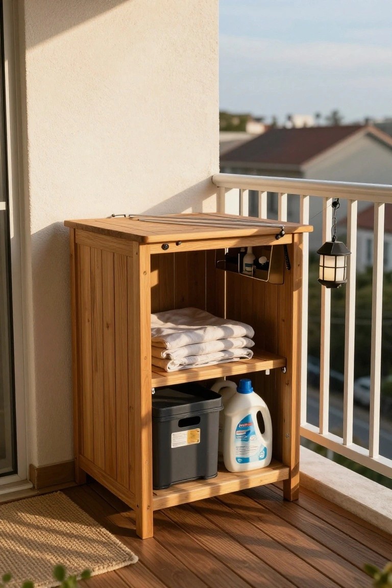 Wooden cabinet with open shelves on a sunny balcony, containing folded white towels, blue laundry detergent jug, black basket, and small bottles on a holder, white railing and hanging lantern nearby.