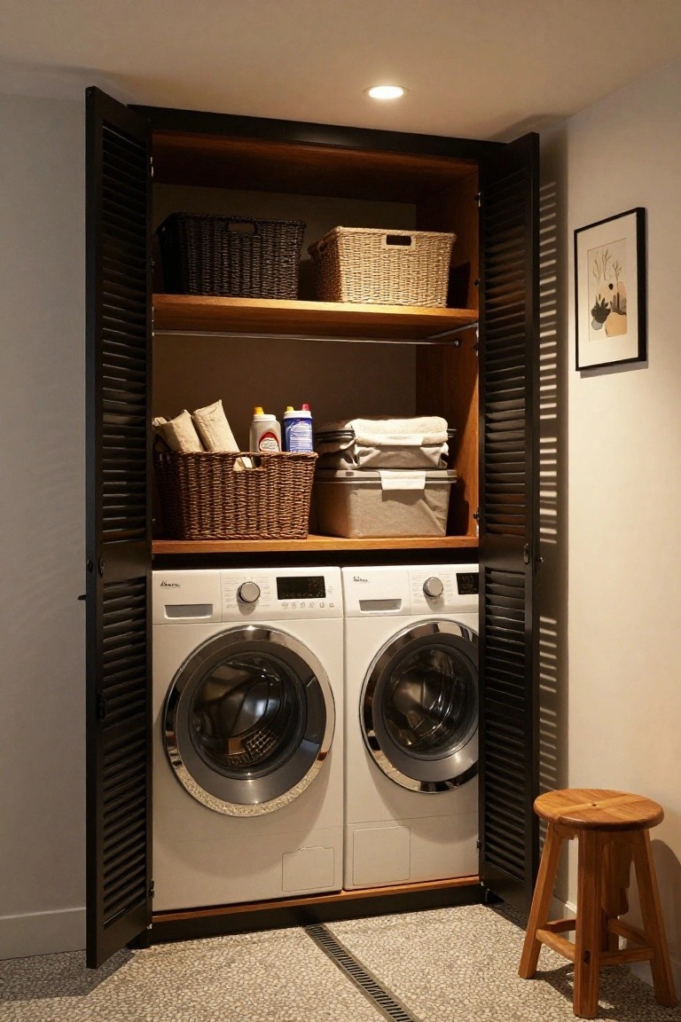 Tall open wooden cabinet with black slatted doors enclosing two white front-loading washers and dryers, shelves holding wicker baskets and laundry supplies, wooden stool on pebble tile floor.