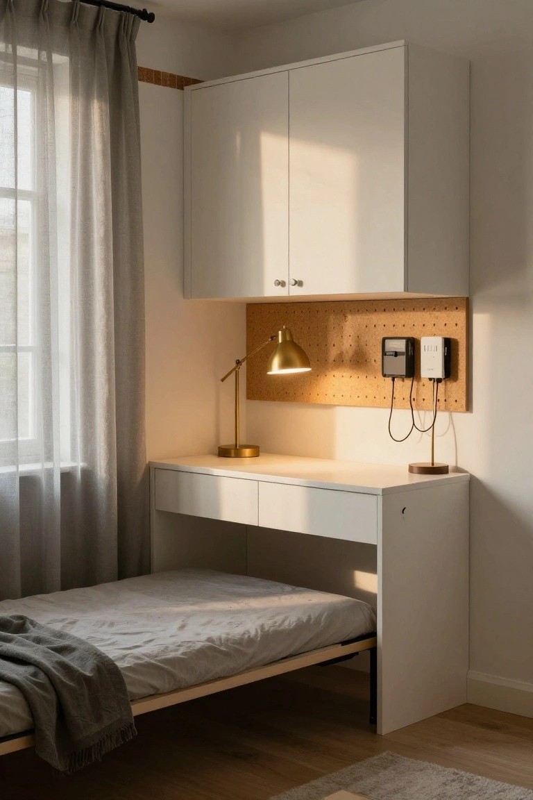 Compact white built-in cabinets mounted above a wall desk in a small bedroom with brass lamp, corkboard panel with outlets, single bed with gray blanket, sheer curtains on window, and wood floor.