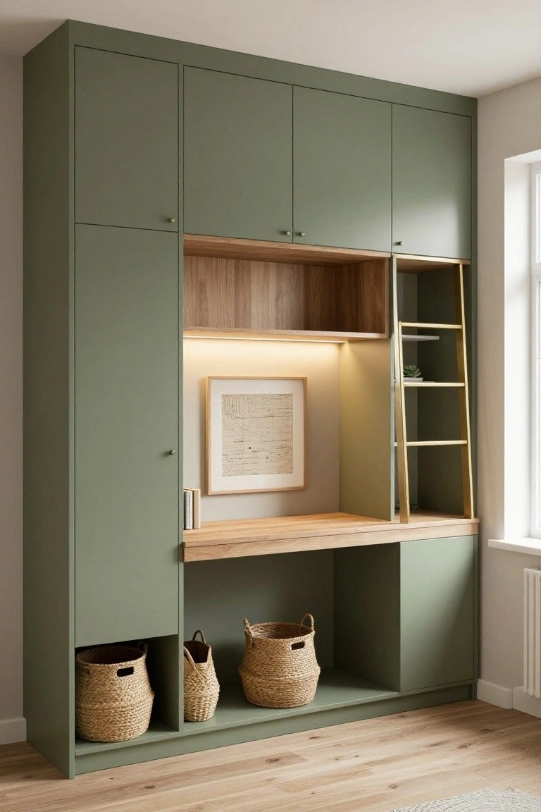 Tall sage green built-in cabinet unit with wardrobe doors, wood open shelves, gold ladder shelving, integrated wooden desk, framed artwork, books, plants, and woven baskets in a room with hardwood floors and a window.