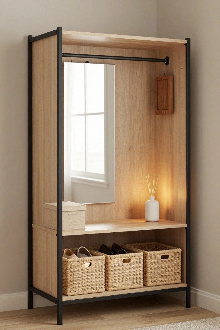 Tall freestanding wardrobe unit in light oak panels and black metal frame positioned in a room corner, with hanging rod, full-length mirror, upper shelf holding a box, reed diffuser and vase on a middle shelf, and three woven baskets with shoes on the lower shelf.