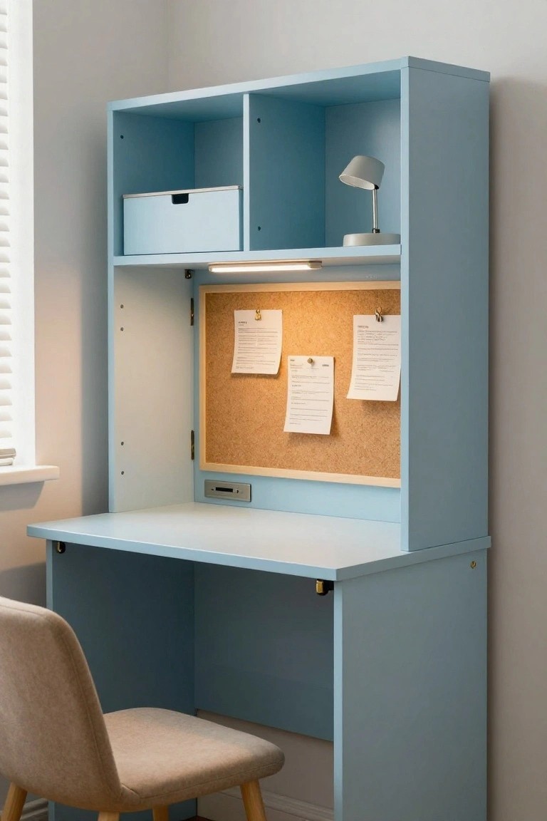 Light blue desk unit with open shelves, storage box, desk lamp, open cork bulletin board with pinned papers, integrated LED strip light and power outlet, and beige chair in a room with blinds.