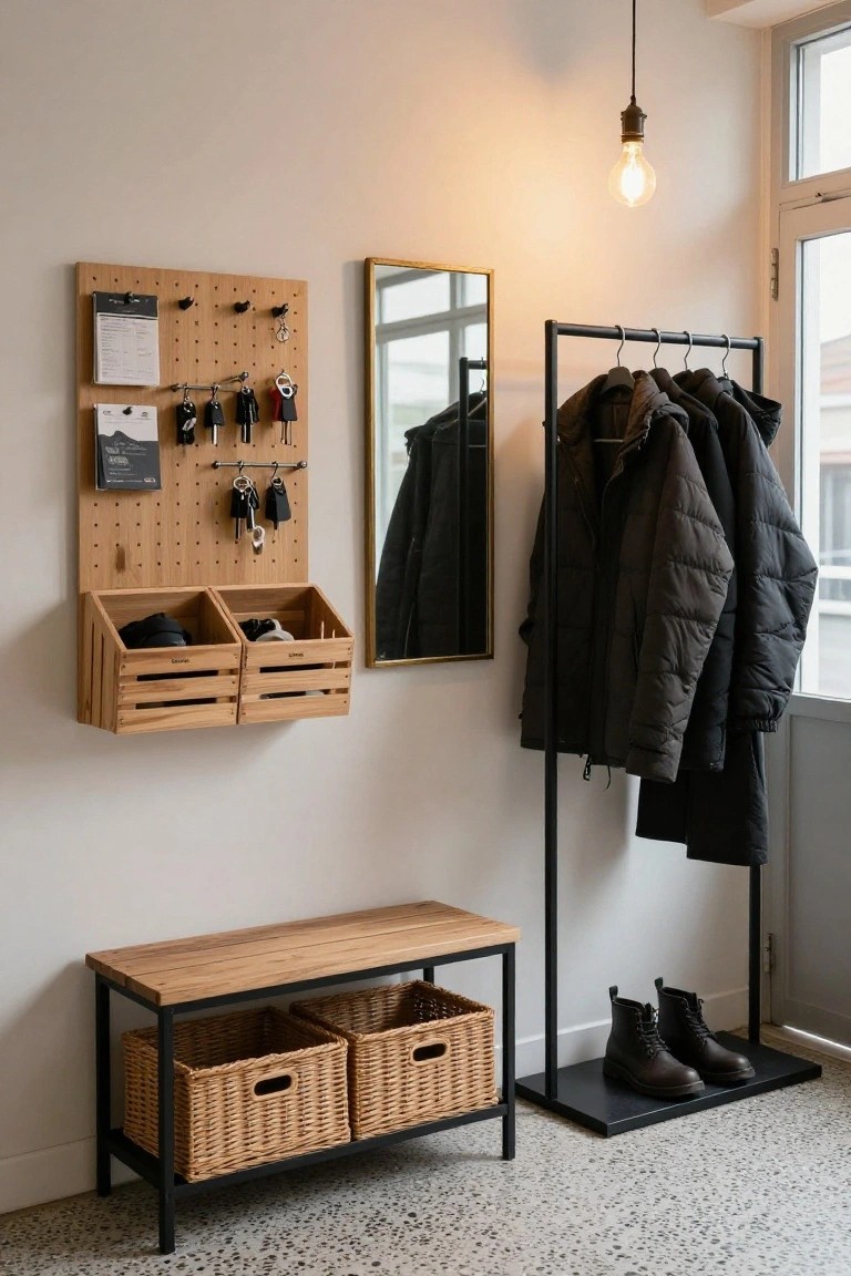 Modern entryway with wooden pegboard wall holding keys, notes, and hooks, wooden crates with hats and shoes, metal coat rack with jackets, gold mirror, and black bench with wicker baskets and boots nearby.