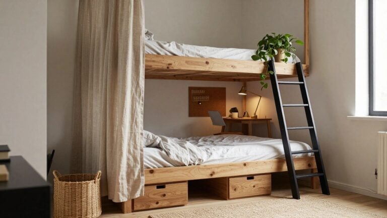 Studio storage with shelves, bins, and under-bed space