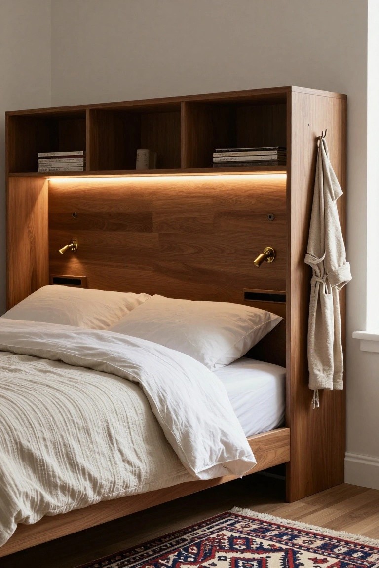 Wooden platform bed with integrated headboard featuring open shelves holding books and a vase, LED light strip, brass reading lamps, power outlets, and a hook with a hanging towel, white rumpled sheets on the bed, and a patterned rug on a hardwood floor.