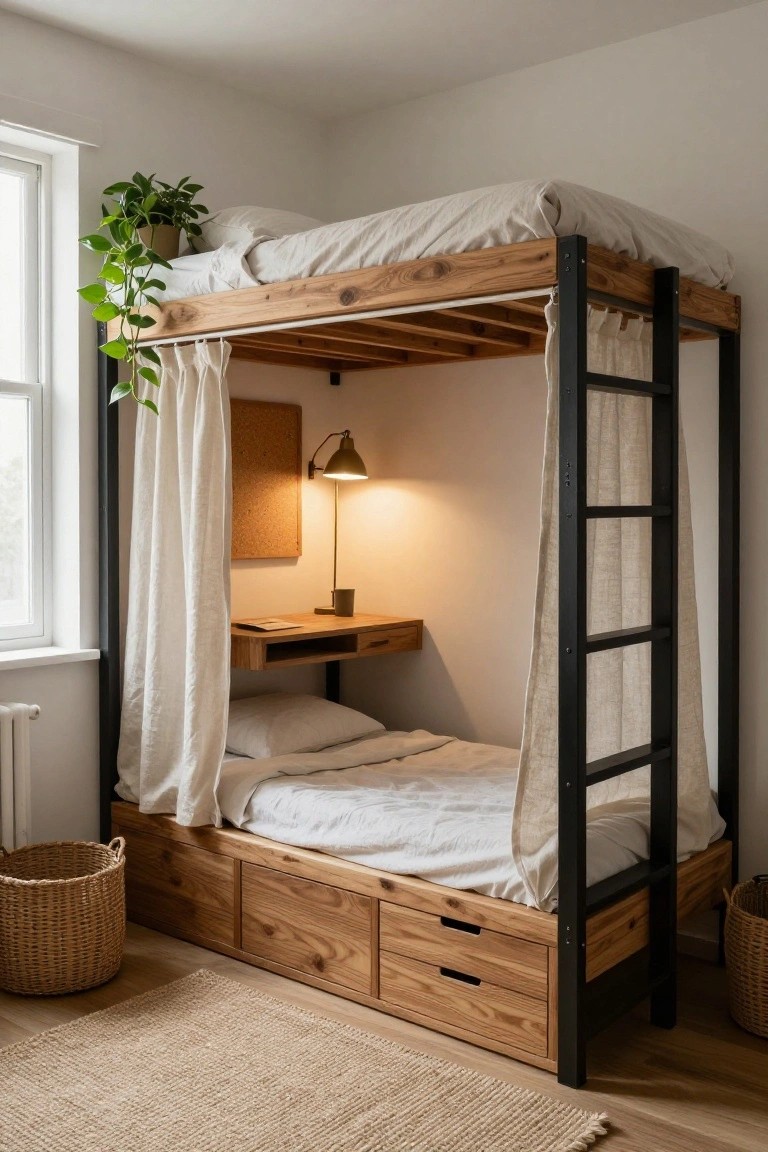 Wooden lofted bunk bed frame in a small white room with sheer white curtains, built-in desk shelf and lamp below, storage drawers under the lower bed, potted plant on top, corkboard on wall, and wicker baskets on floor.