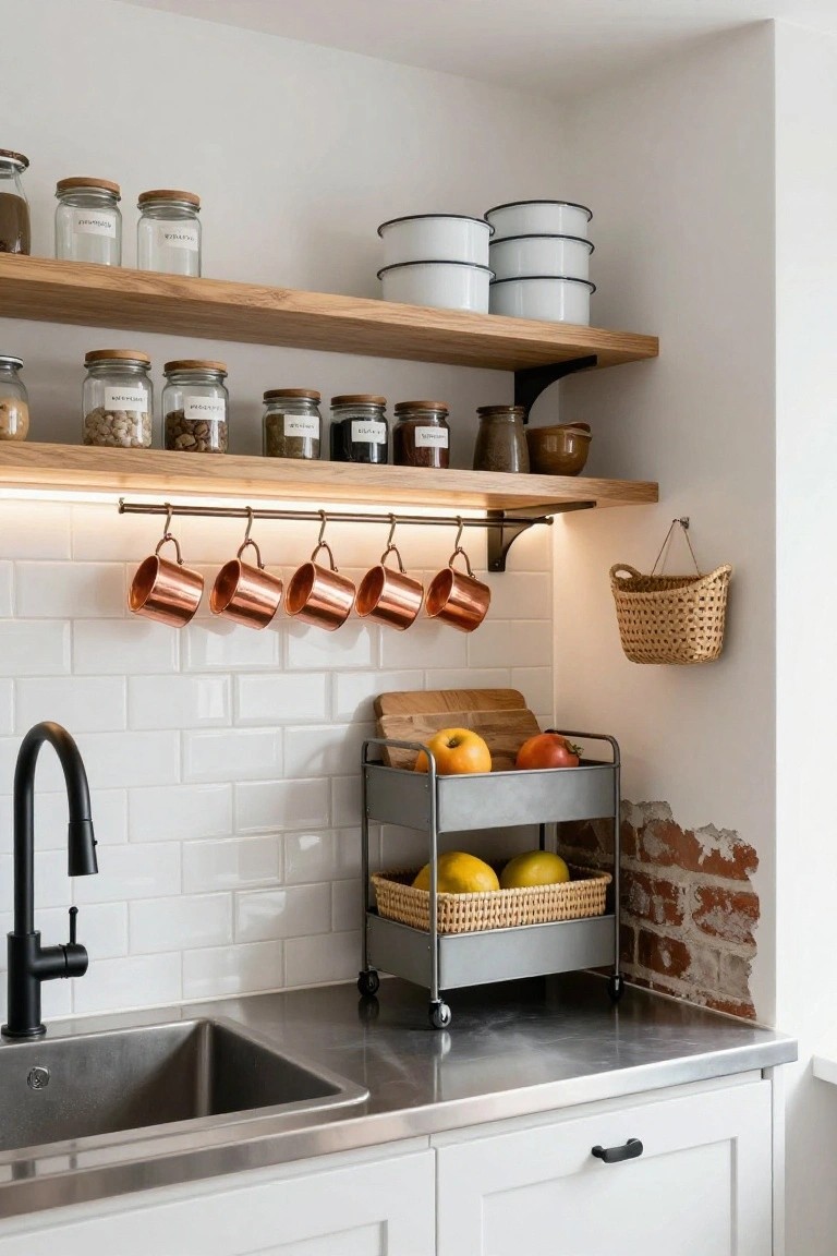 Kitchen corner with open oak shelves stocked with labeled glass jars, nuts, grains, enamel bowls, a brass rail under LED lighting holding five copper mugs, black faucet over stainless sink, white subway tile backsplash, and gray metal rolling cart with apples, persimmons, and lemons in baskets next to exposed brick wall.