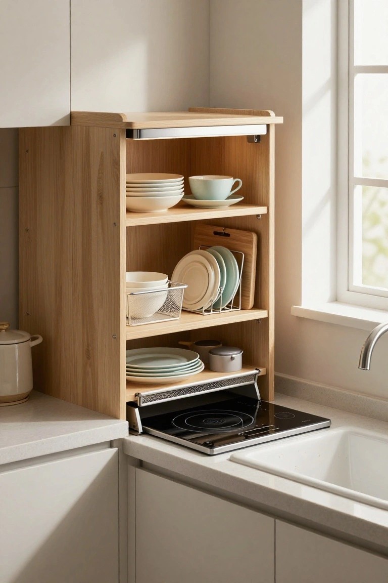 Wooden open shelf unit mounted above a kitchen sink and counter, holding stacked plates, bowls, cups, a cutting board, and small pots in a light-colored kitchen.