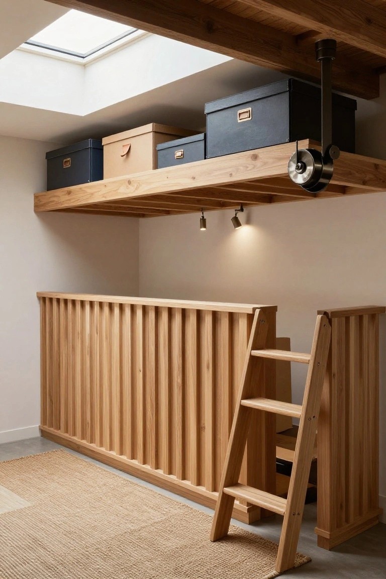 Wooden loft platform with open shelves holding beige and navy boxes, accessed by a short ladder leaning against slatted railing, spotlights below, and beige walls in a bright room with skylight.