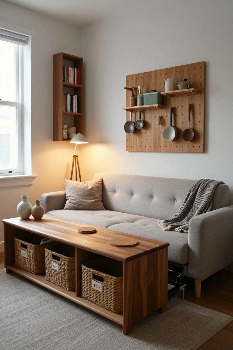 Cozy studio apartment living room with gray sofa, wooden coffee table holding woven baskets, pegboard wall displaying hanging pots and pans, and wooden bookshelves.