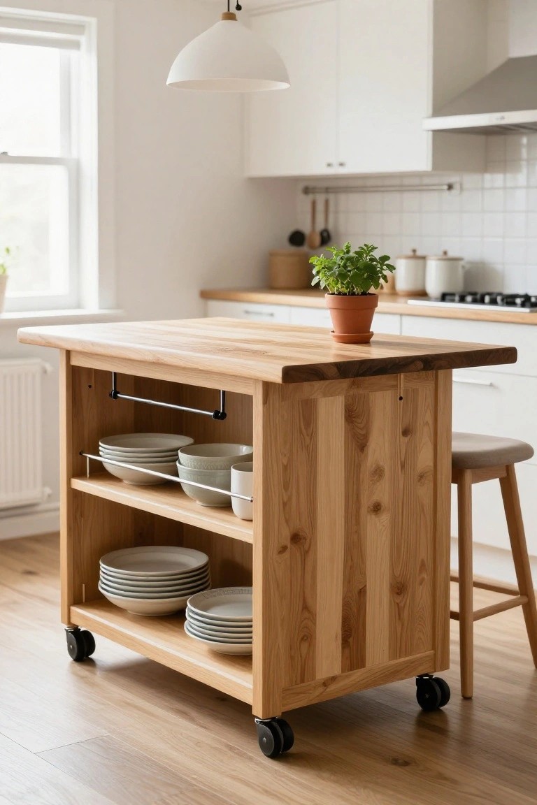 Wooden kitchen island cart on wheels with open shelves holding stacked white plates and bowls, a lower towel bar, positioned beside white cabinets and a light gray bar stool in a bright kitchen.