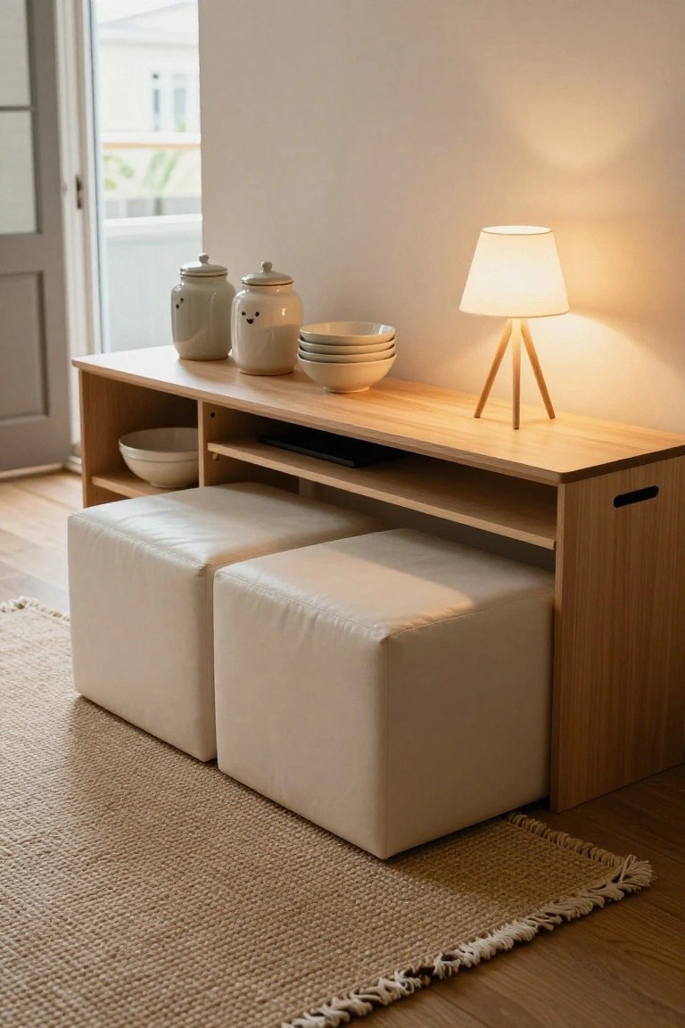 Wooden console table with open shelves holding a bowl, topped by ceramic jars and stacked bowls, two white leather cube stools pulled out from underneath, on a hardwood floor next to a beige rug and sliding glass door.