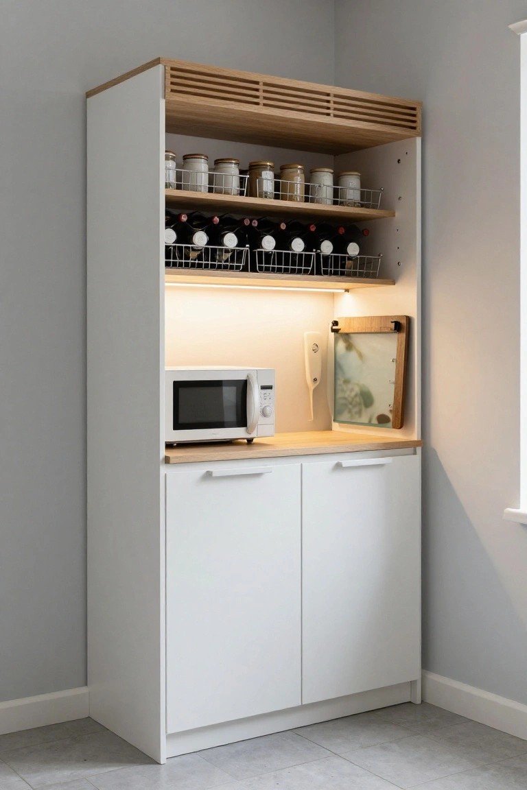 Tall white kitchen cabinet in a room corner with wooden top and vents, open shelves holding jars and wine bottles in racks, microwave on a middle shelf next to a framed panel, and lower white cabinets.