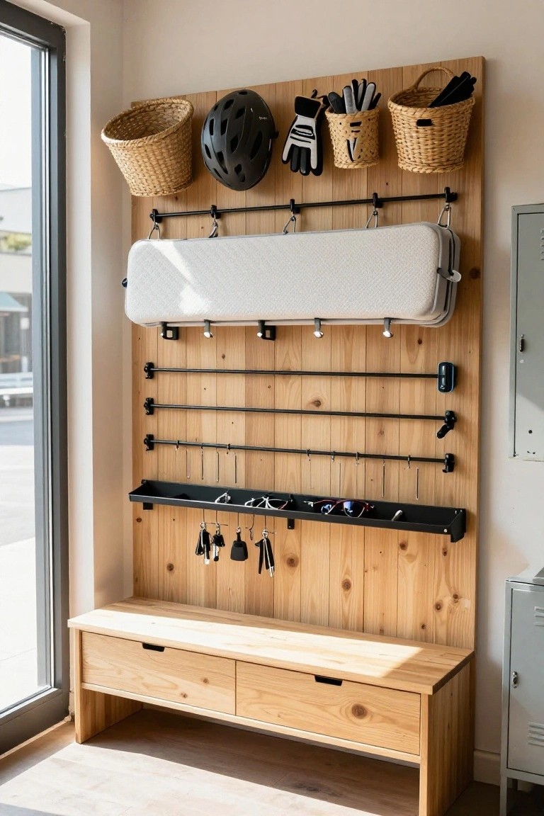 Wooden wall rack with wicker baskets holding a black helmet and gloves, black bars supporting a white bike mat, metal hooks for keys and sunglasses shelf, and a wooden bench with drawers below in an indoor entry area.