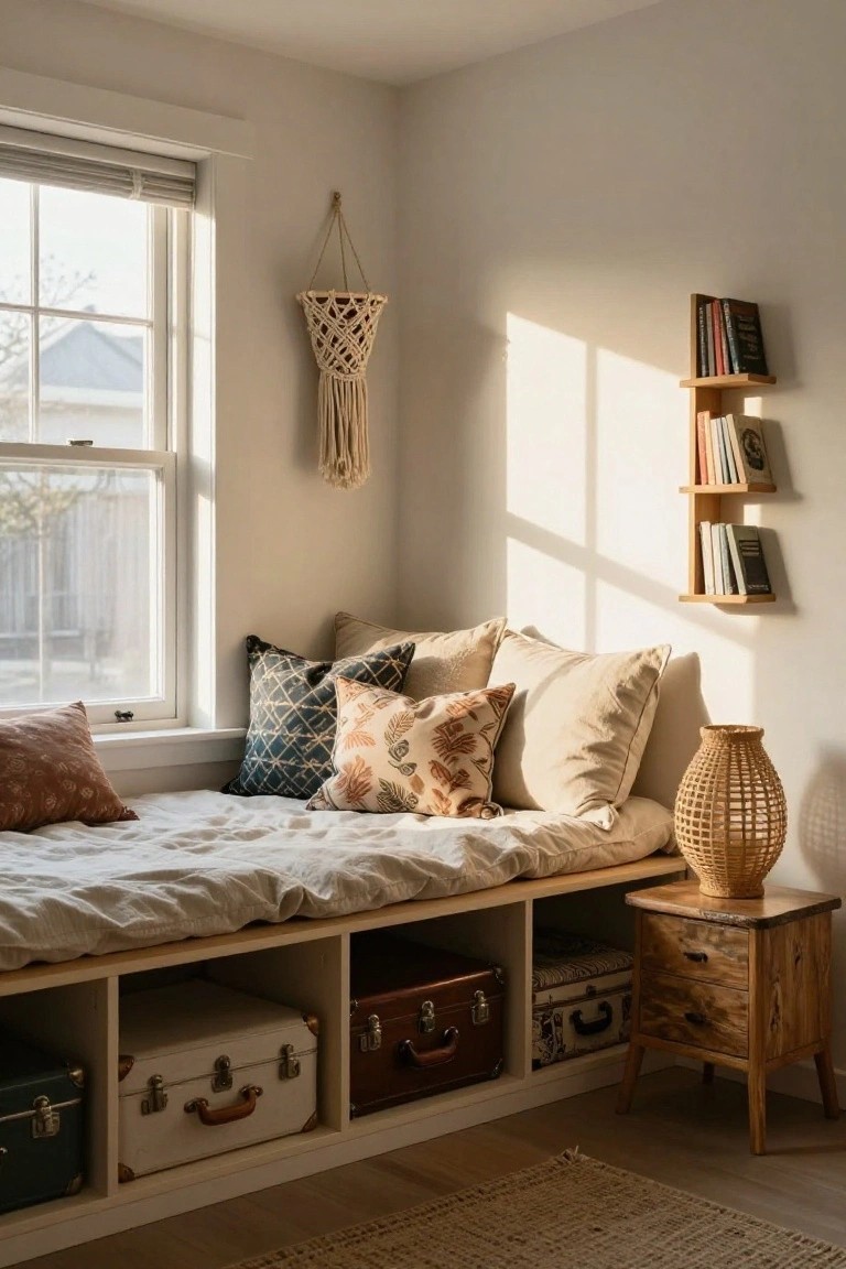 Cozy indoor window nook featuring a built-in wooden bench with open cube storage cubbies containing vintage suitcases and baskets, topped with neutral pillows and a linen cover, beside wall-mounted bookshelves and a rattan lamp on a wooden side table.