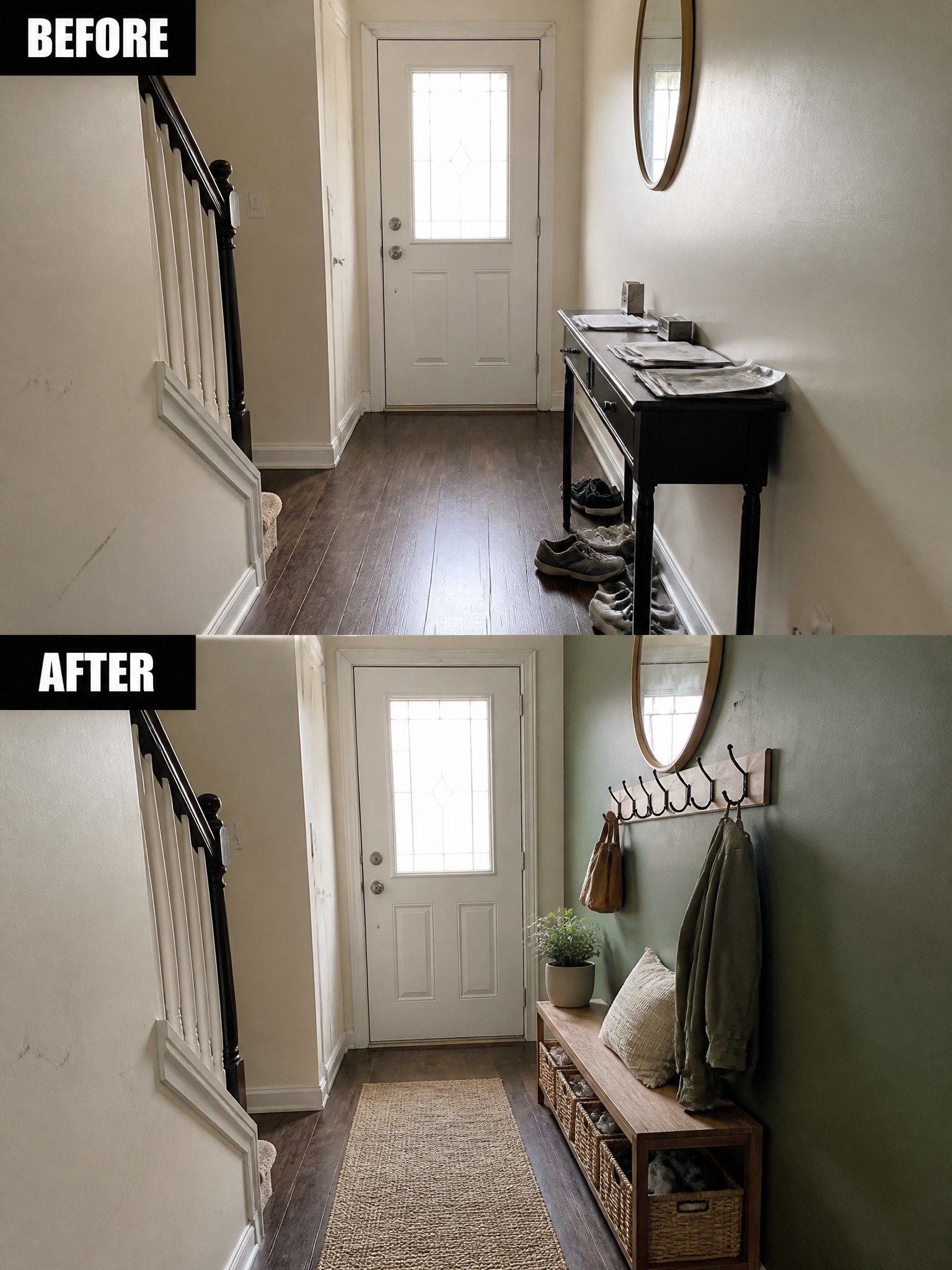 Before and after transformation of a hallway with contrasting furniture styles and organization.