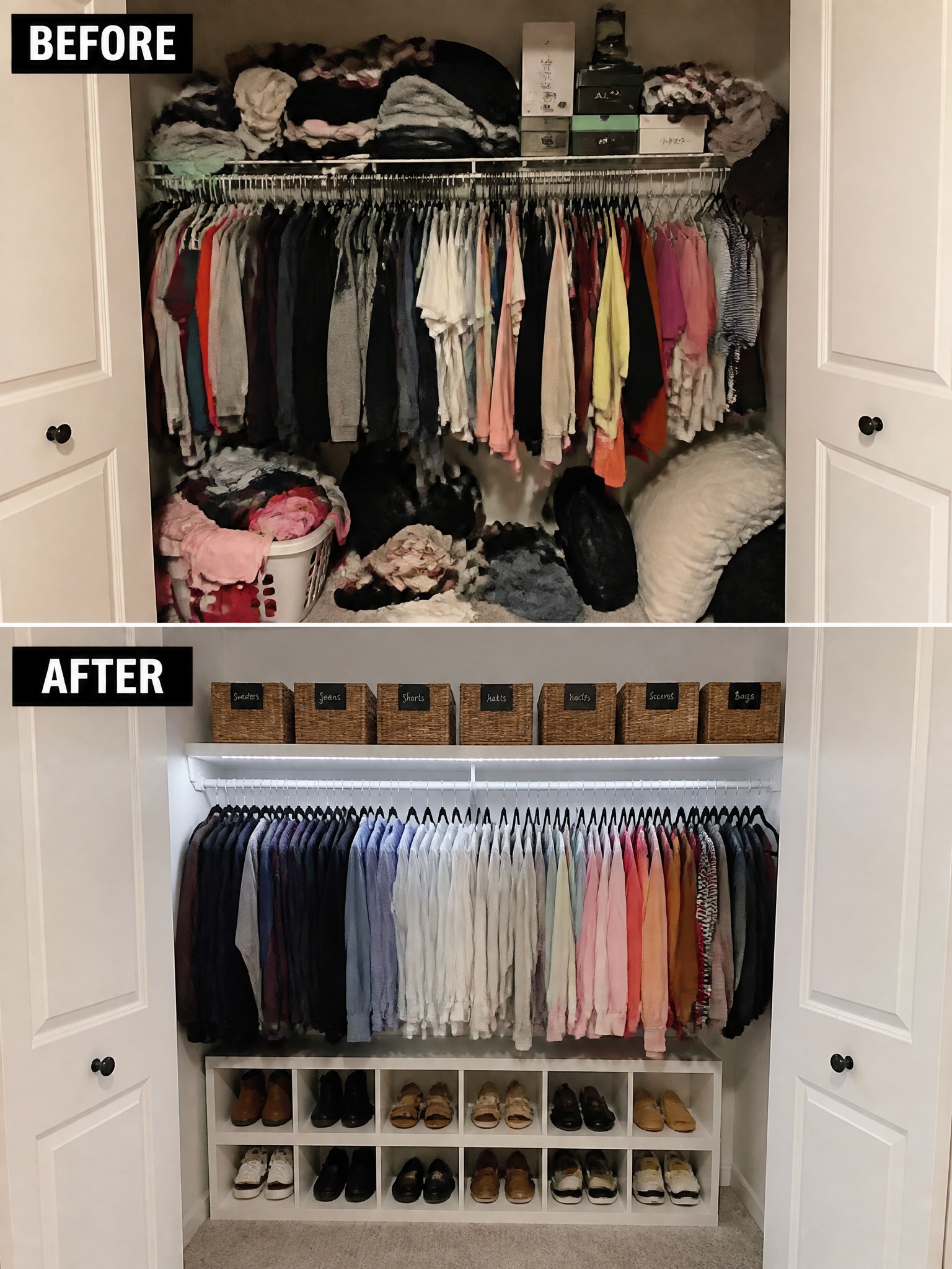 Organized closet with neatly hung clothes, labeled baskets, and arranged shoes.