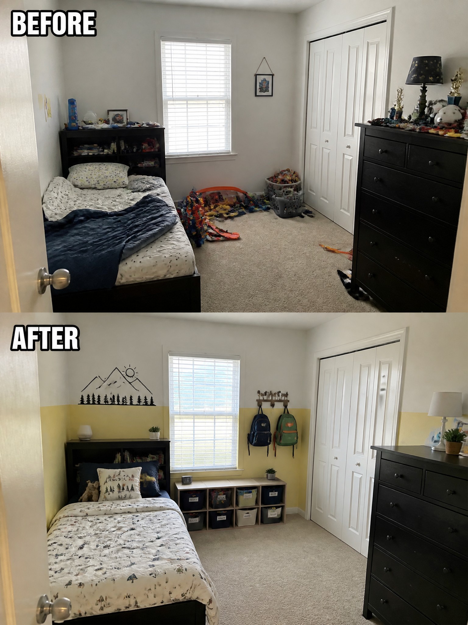 Before and after shots of a transformed bedroom; cluttered to organized, with new decor.