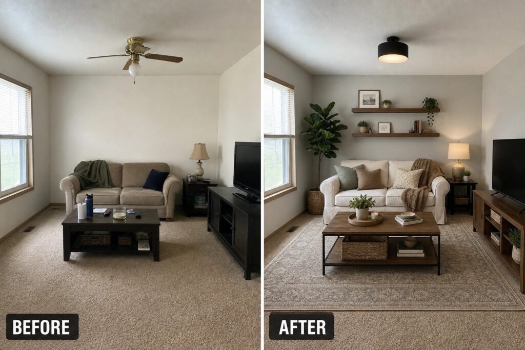 21 Budget Home Makeover Ideas for Realistic Weekend Updates Living room transformation: before shows clutter; after features a cozy, styled space with plants.