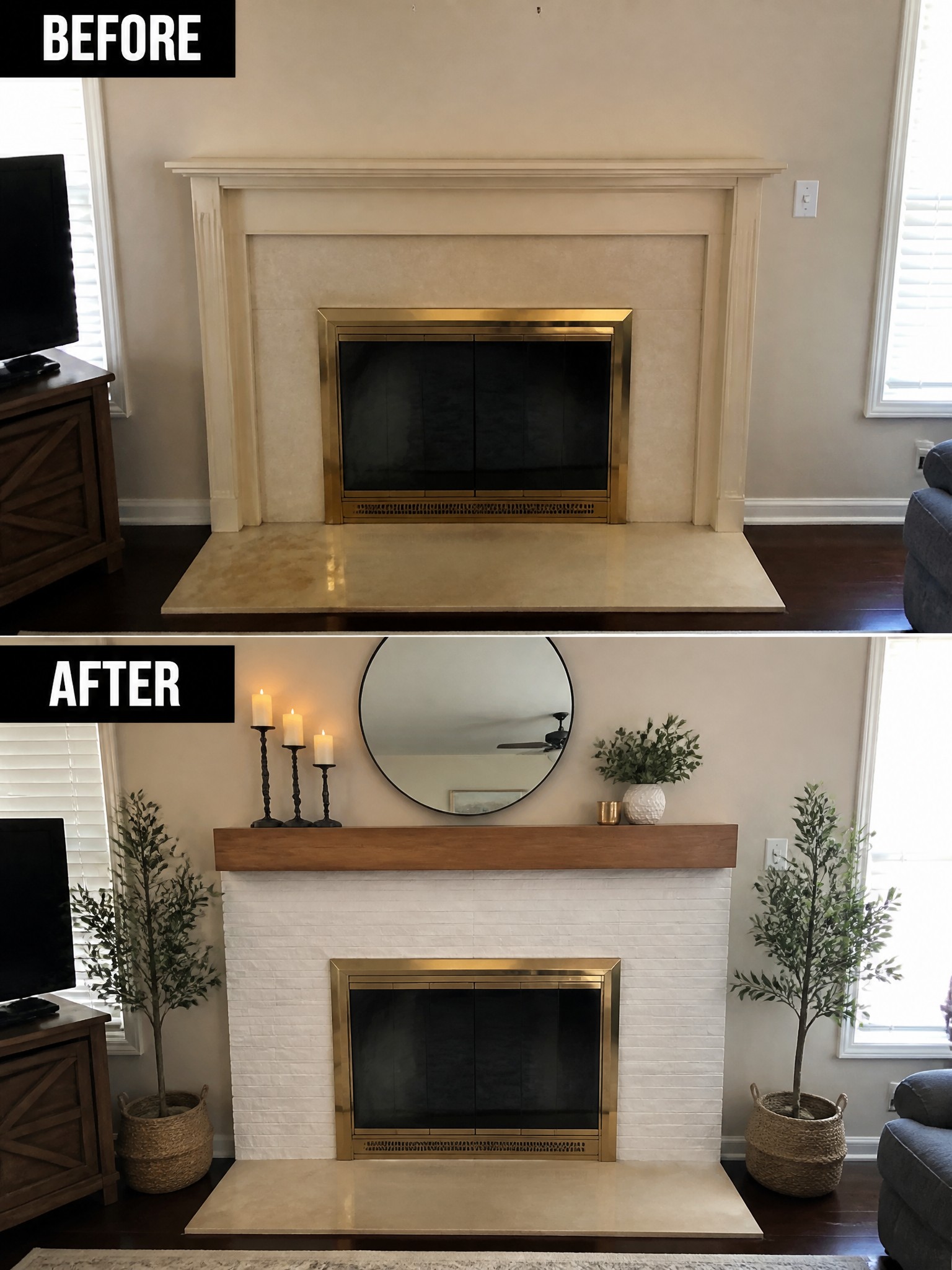 Before and after transformation of a fireplace with white bricks, wood mantel, and decor.