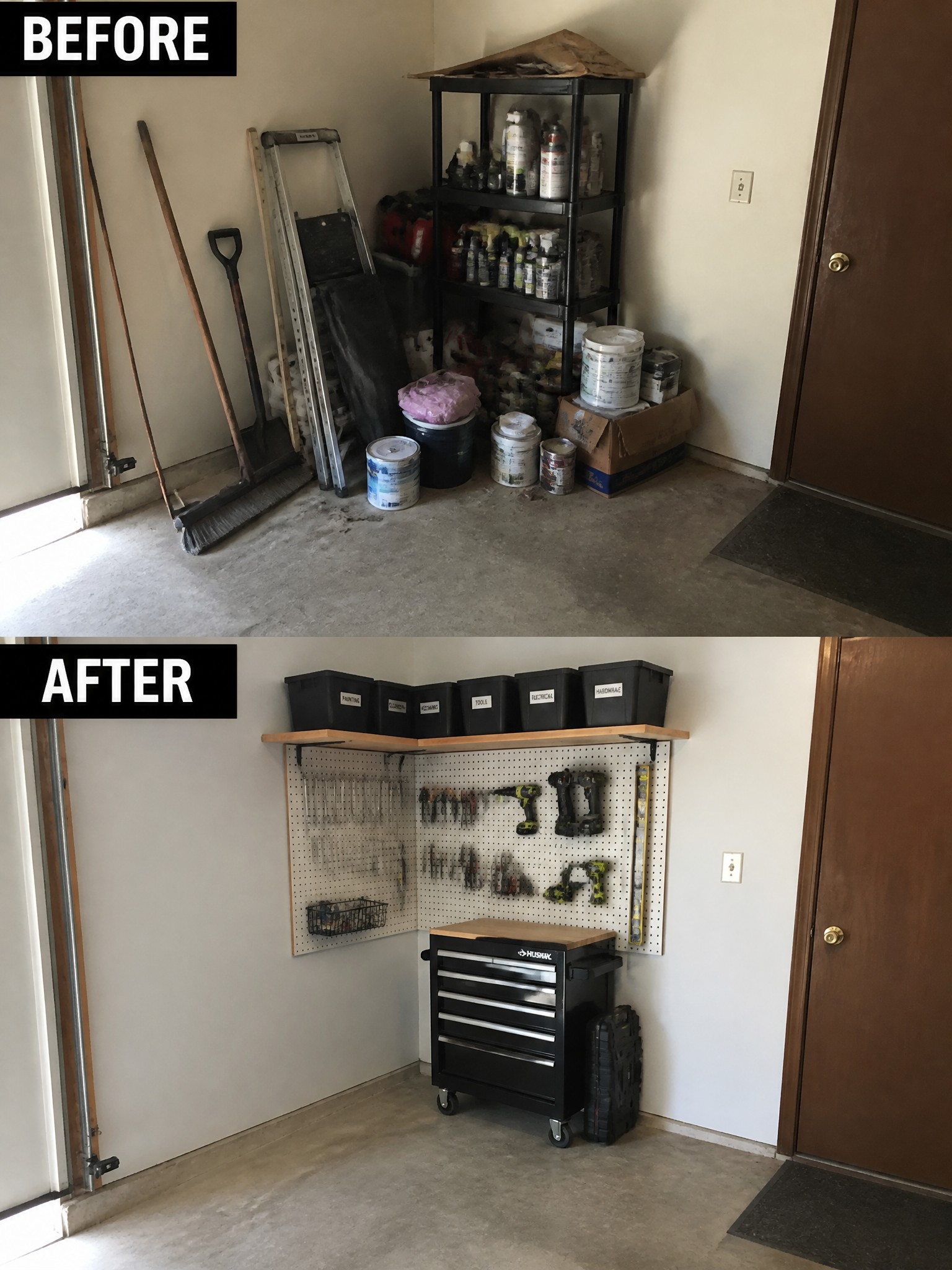 Before-and-after comparison of a garage, showcasing organized tools and storage.