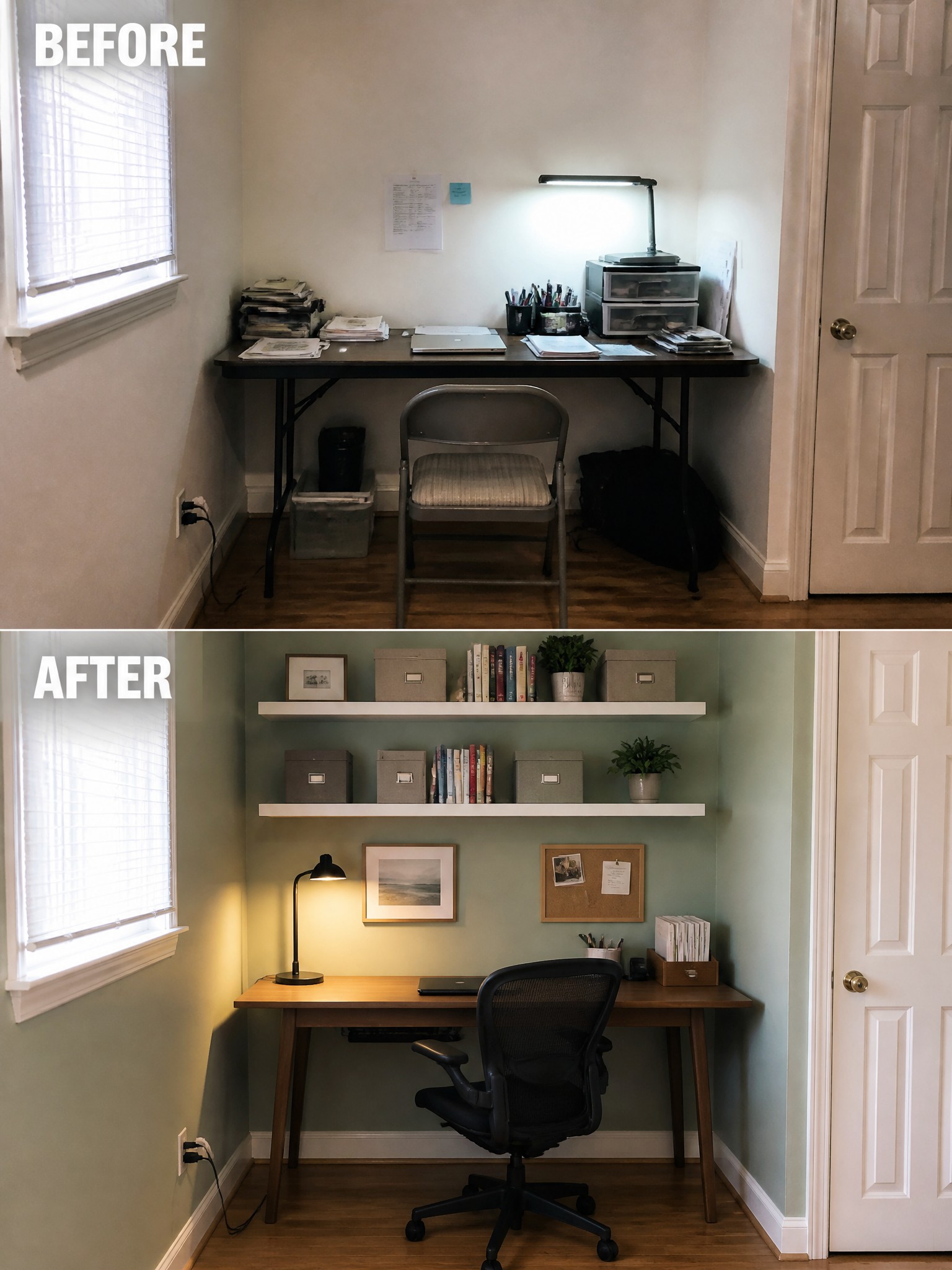 Before and after shots of an organized home office with a desk and shelves.