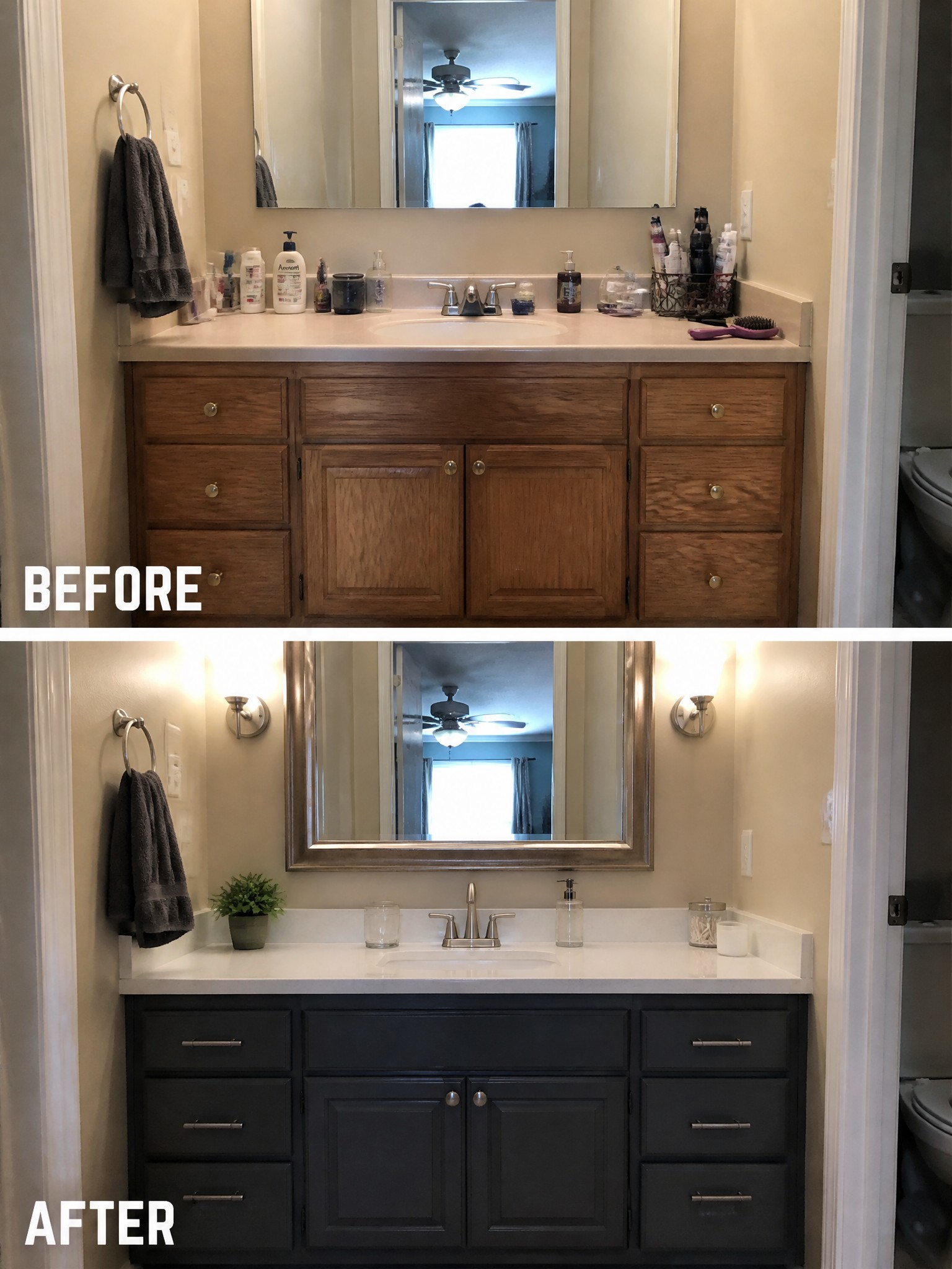 Before-and-after image of a bathroom vanity updated from light wood cabinets to dark painted ones with new hardware and lighting.