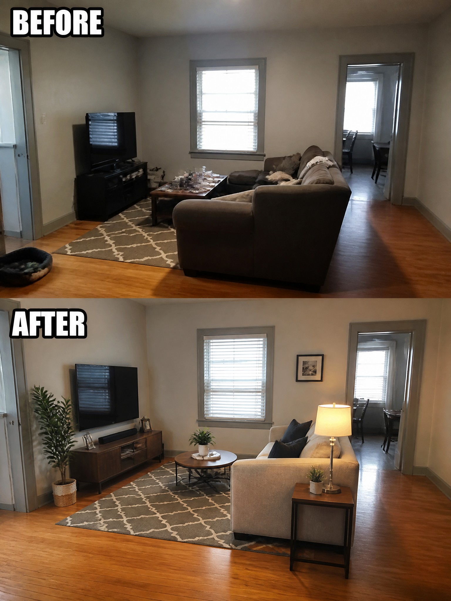 Living room transformation: cluttered space to stylish, minimalist décor with plants and modern furniture.