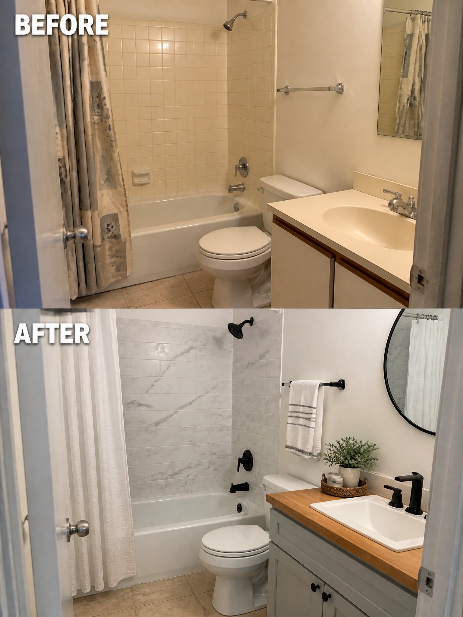 Before and after comparison of a bathroom renovation, showcasing updated fixtures and decor.