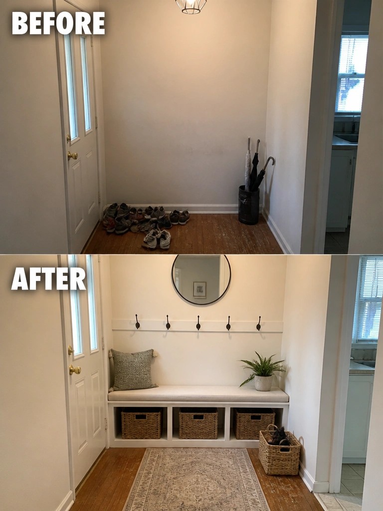Before and after of cluttered entryway transformed into organized mudroom with bench and storage